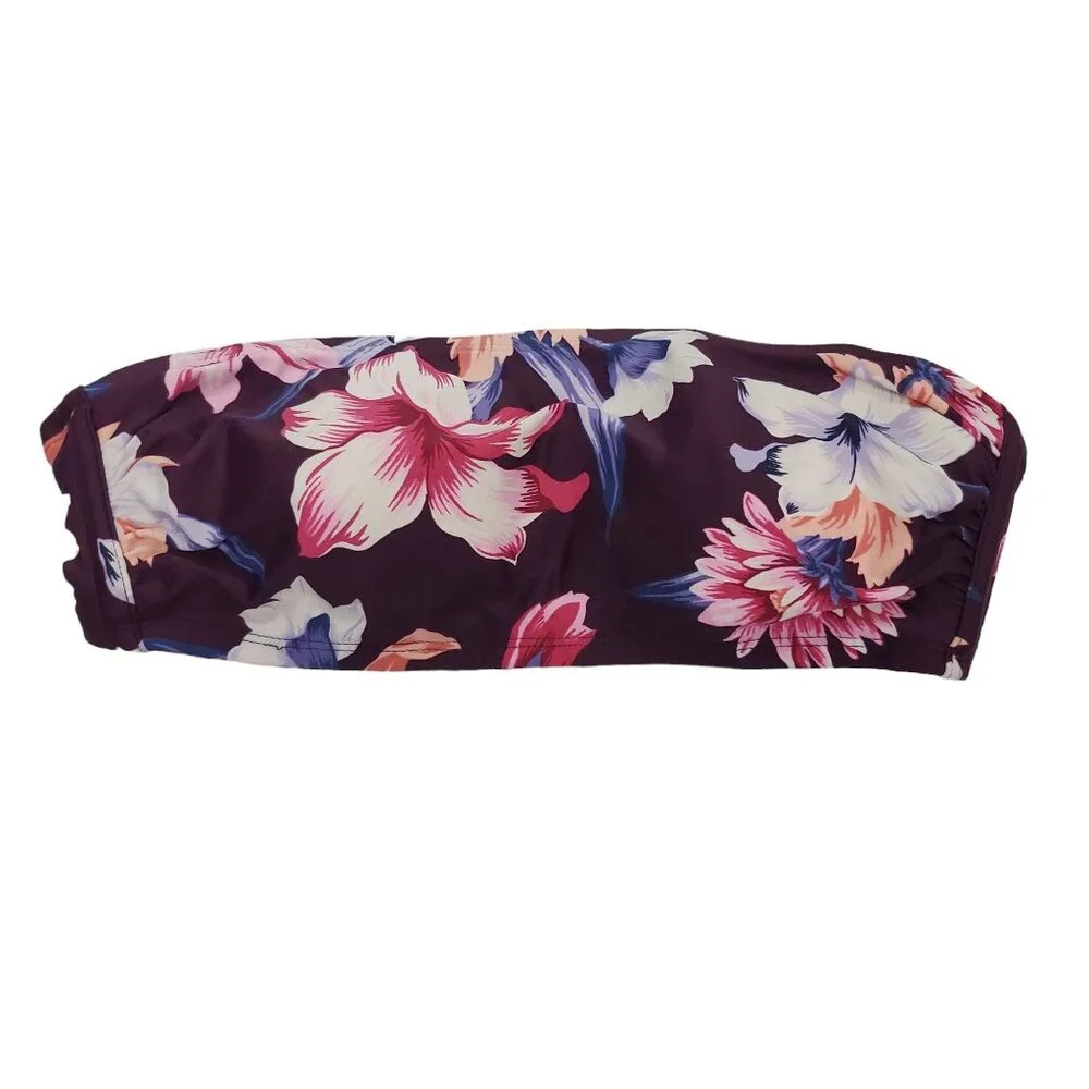 Kona Sol Women's Dark Purple Floral Print Strapless Bandeau‎ Bikini Top Size S